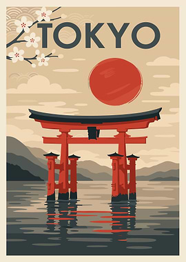 Tokyo Vintage Travel Poster, Red Torii Gate Art, Japanese Cherry Blossom Wall Decor Print