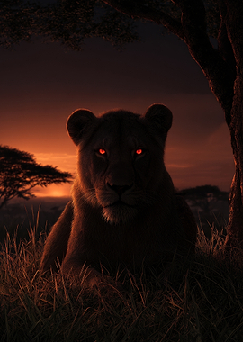 Lion with Glowing Eyes at Sunset