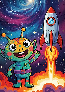Cartoon Alien with Rocket Launching