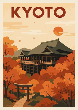 Kyoto Japan Travel Poster, Autumn Foliage Wall Art, Traditional Japanese Landscape Print