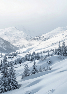 Snowy Mountain with Pine Trees