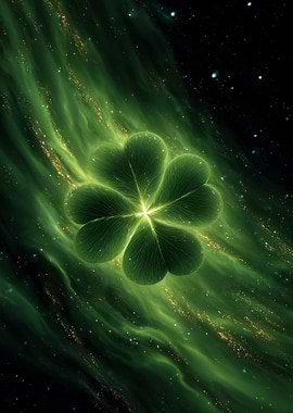 Glowing Six-Leaf Clover in Green Nebula