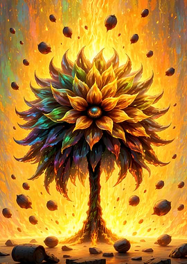 Abstract Floral Tree with Floating Seeds