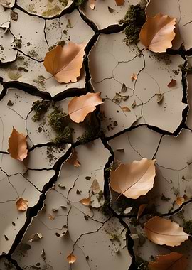 Cracked Earth with Autumn Leaves