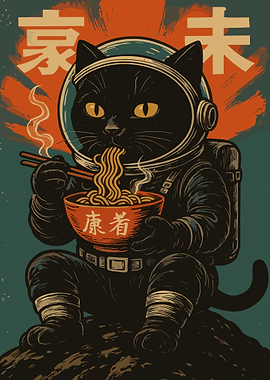 Astronaut Cat Ramen Poster, Vintage Japanese Food Wall Art, Cute Space Kitty Illustration