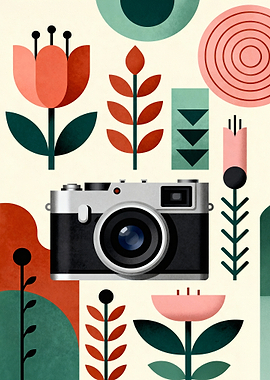 Retro Camera and Floral Pattern Art