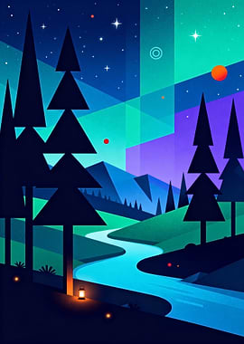 Geometric Night Landscape with River