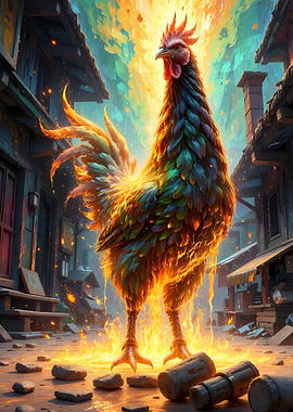 Fiery Rooster in a Townscape