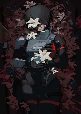 Armored Figure with Lilies in Dark Setting