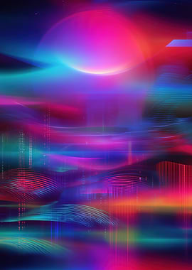 Abstract Neon Landscape with Pink Moon