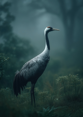 Japanese Crane in Misty Forest