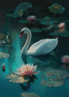 Swan and Water Lilies in Pond