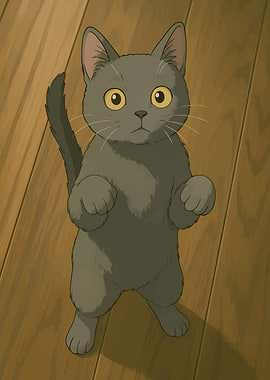 Gray Cat Standing on Wooden Floor