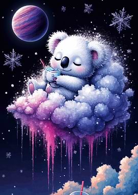 Dreamy Koala on Cloud with Drink