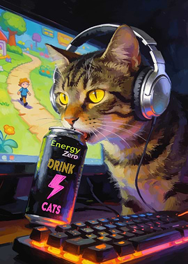 Gamer Cat with Energy Drink