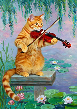 Cat playing violin in pond painting
