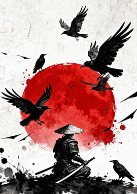 Samurai with Crows and Red Sun