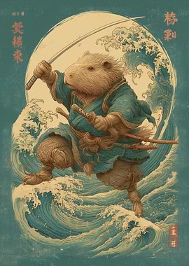 Capybara Samurai on Kanagawa Waves
