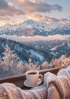 Coffee View of Snowy Mountains