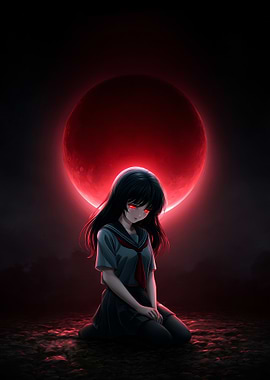 Anime Girl Under Red Moon