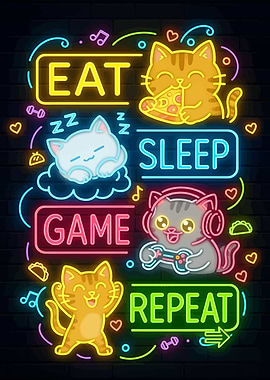 Eat Sleep Game Repeat Neon Cats