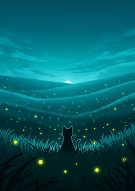 Cat Silhouette Fireflies Night Pixel calm artwork