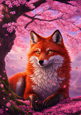 Crimson Kitsune Under Sakura Skies
