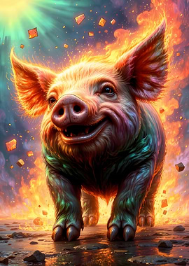 Radiant Pig in Fiery Landscape
