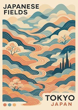 Japanese Fields Tokyo Art Print, Stylized Landscape Wall Art, Japan Nature Poster