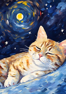 Sleeping Cat Under Starry Night