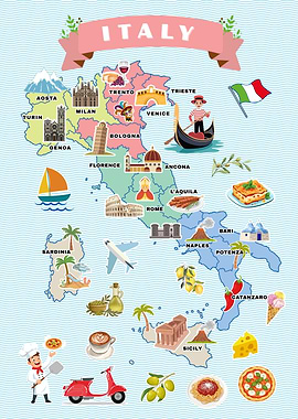 Italy Map with Landmarks and Food