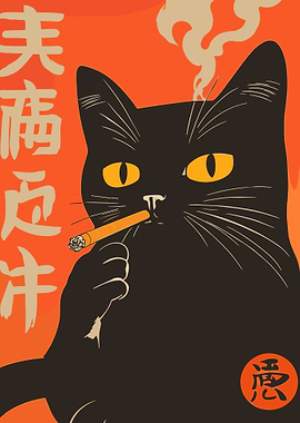 Smoking Black Cat Poster, Cool Japanese Art Wall Print, Rebellious Anime Style Illustration