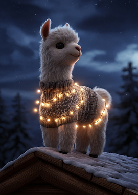 Festive Alpaca in Winter Night