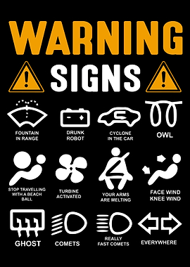 Funny Warning Signs Poster, Humorous Safety Wall Art, Black & Orange Office or Room Decor