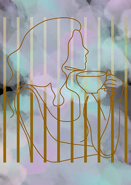 Woman with Coffee Line Art