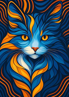 Abstract Cat Portrait in Blue and Orange