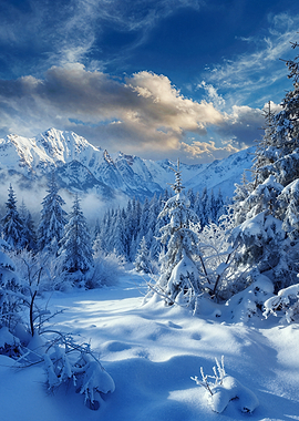 Snowy Mountain with Pine Trees