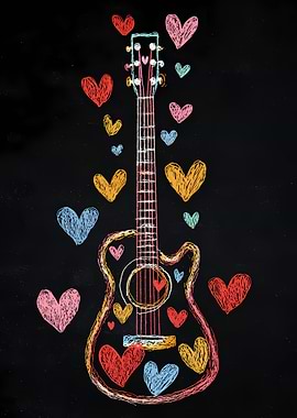 Guitar with Hearts on Black Background