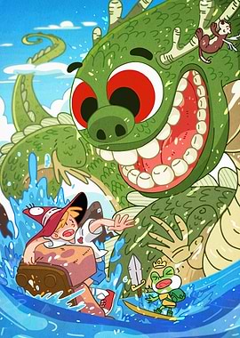 Cartoon Adventure with Dragon and Wizard