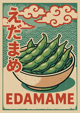 Edamame Japanese Food Poster, Retro Asian Kitchen Wall Art, Vintage Japan Illustration Print