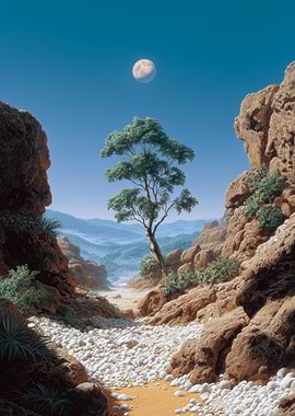 Desert Landscape with Tree and Moon