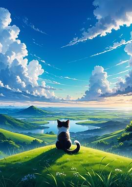 Cat on Hill Overlooking Landscape