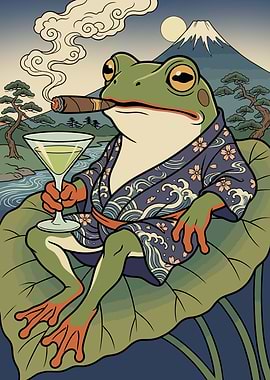 Frog in Kimono with Martini and Cigar