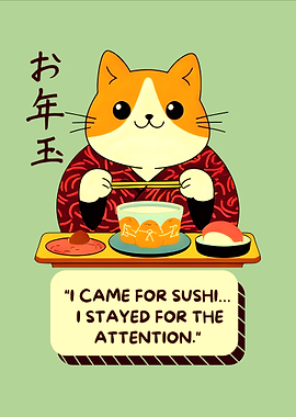 Japanese Cat in Kimono with Sushi