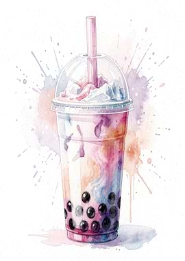 Bubble Tea Watercolor Illustration – Pastel Wall Art