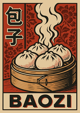 Baozi Chinese Food Poster, Steaming Dumplings Wall Art, Retro Asian Kitchen Illustration Print