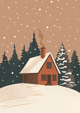 Winter Cabin in Snowy Landscape