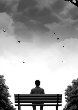 Solitude on a bench under cloudy sky