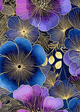 Floral pattern with gold line art