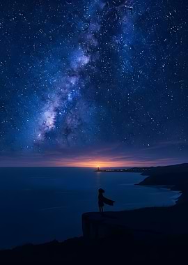 Night Sky Seascape with Silhouette Figure
